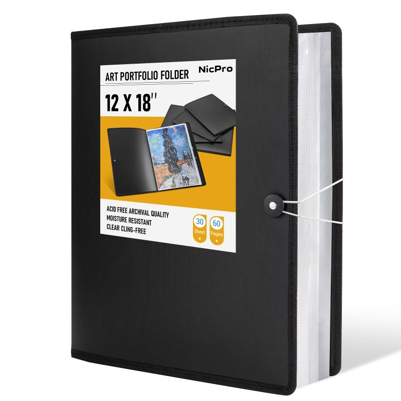 Nicpro 12x18 Art Portfolio Folder 30 Pockets Display 60 Pages Art Painting Portfolio Binder with Clear Plastic Sleeves Presentation Storage Book for Artists Artwork Drawing Black - Image 2