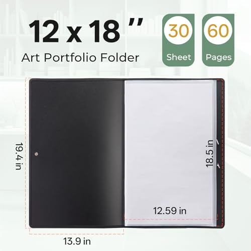 Nicpro 12x18 Art Portfolio Folder 30 Pockets Display 60 Pages Art Painting Portfolio Binder with Clear Plastic Sleeves Presentation Storage Book for Artists Artwork Drawing Black - Image 3