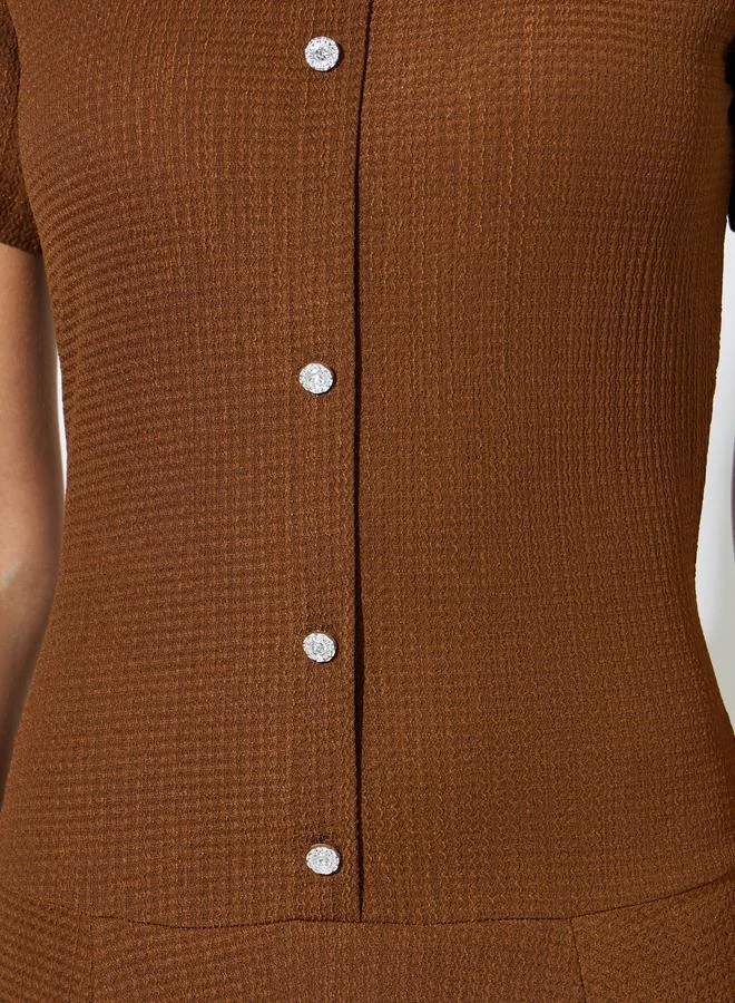Styli  Brown Plain Short Sleeves A-Line Midi Dress for Women | Best Price UAE