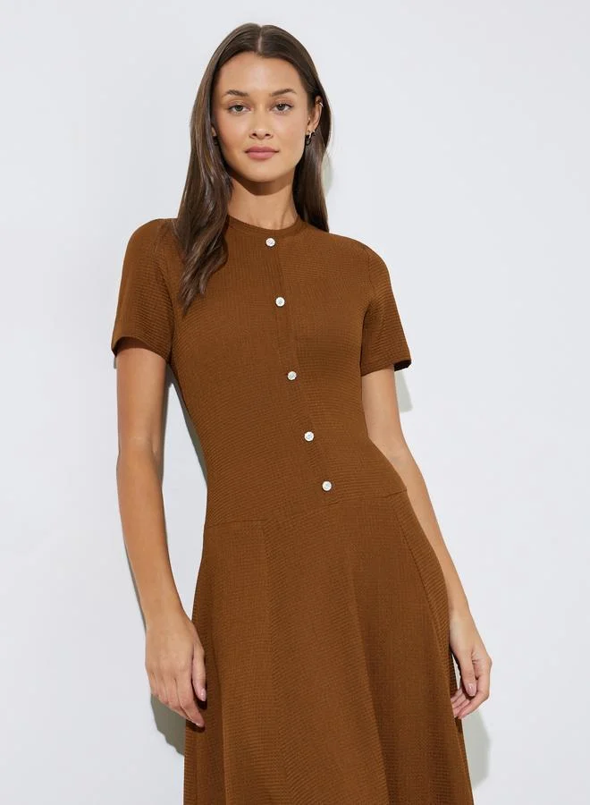 Styli  Brown Plain Short Sleeves A-Line Midi Dress for Women | Best Price UAE