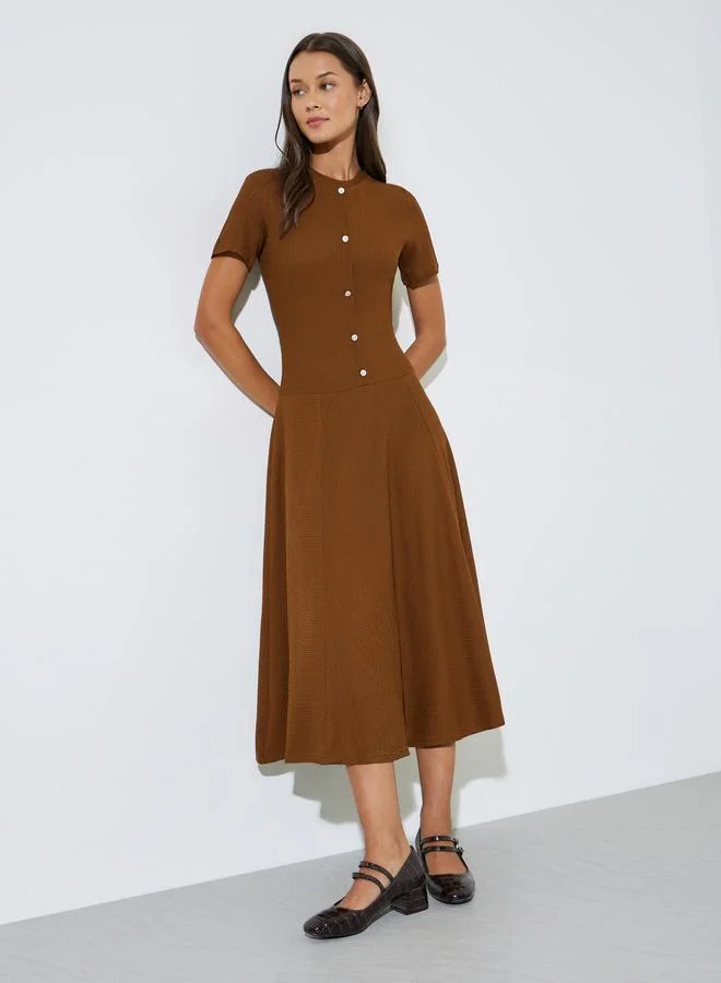 Styli  Brown Plain Short Sleeves A-Line Midi Dress for Women | Best Price UAE