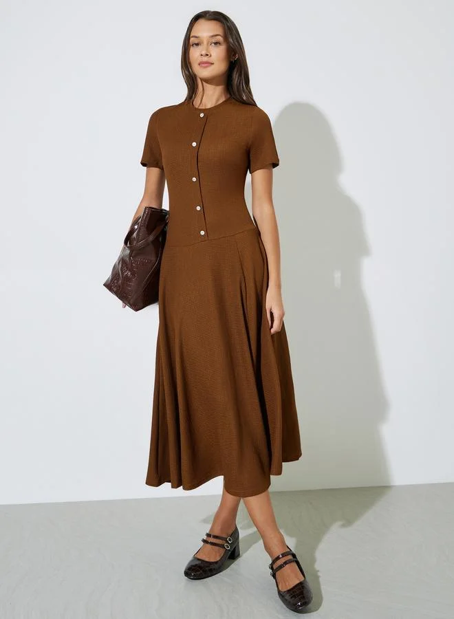 Brown Plain Short Sleeves A-Line Midi Dress