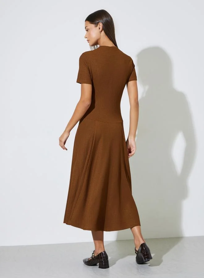 Styli  Brown Plain Short Sleeves A-Line Midi Dress for Women | Best Price UAE