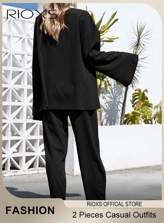 ريوكس طقم ملابس نسائية من قطعتين من الكتان بتصميم أنيق، طقم كاجوال يومي، بلوزة بأكمام طويلة فضفاضة بأكمام طويلة وسترة صوفية فضفاضة وبنطال مستقيم بخصر مرن، مصنوع من قماش ممزوج من الكتان/القطن، مثالي للسفر أو للارتداء اليومي أو الحفلات أو المواعدة - Image 2