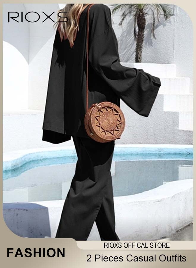 ريوكس طقم ملابس نسائية من قطعتين من الكتان بتصميم أنيق، طقم كاجوال يومي، بلوزة بأكمام طويلة فضفاضة بأكمام طويلة وسترة صوفية فضفاضة وبنطال مستقيم بخصر مرن، مصنوع من قماش ممزوج من الكتان/القطن، مثالي للسفر أو للارتداء اليومي أو الحفلات أو المواعدة - Image 3