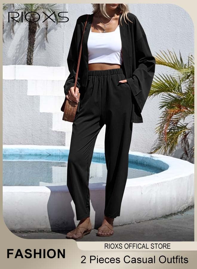 ريوكس طقم ملابس نسائية من قطعتين من الكتان بتصميم أنيق، طقم كاجوال يومي، بلوزة بأكمام طويلة فضفاضة بأكمام طويلة وسترة صوفية فضفاضة وبنطال مستقيم بخصر مرن، مصنوع من قماش ممزوج من الكتان/القطن، مثالي للسفر أو للارتداء اليومي أو الحفلات أو المواعدة - Image 1