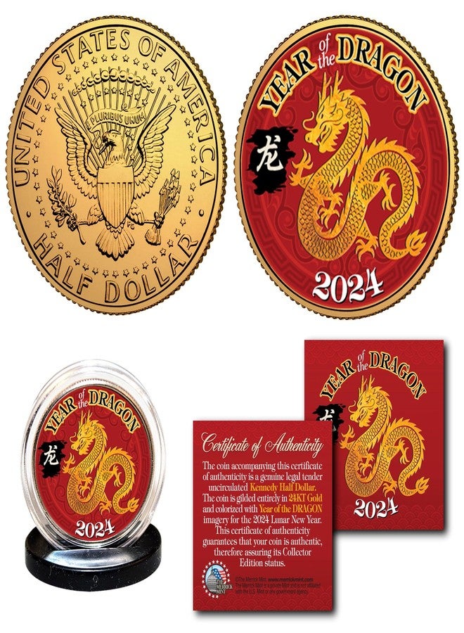 Merrick Mint 2024 Year of The Dragon Chinese Lunar New Year of The Dragon 24K Gold Plated JFK Kennedy Half Dollar Collectible Coin - Image 3