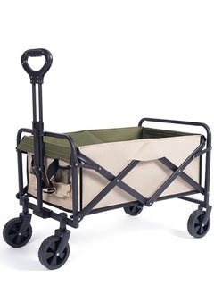 Camping Wagon, Foldable Outdoor Wagon Cart with 360° Steering Wheels, Beach Wagon Camping Cart for Garden, Shopping, Beach, Camping, 220lbs Capacity, Beige + Olive Green