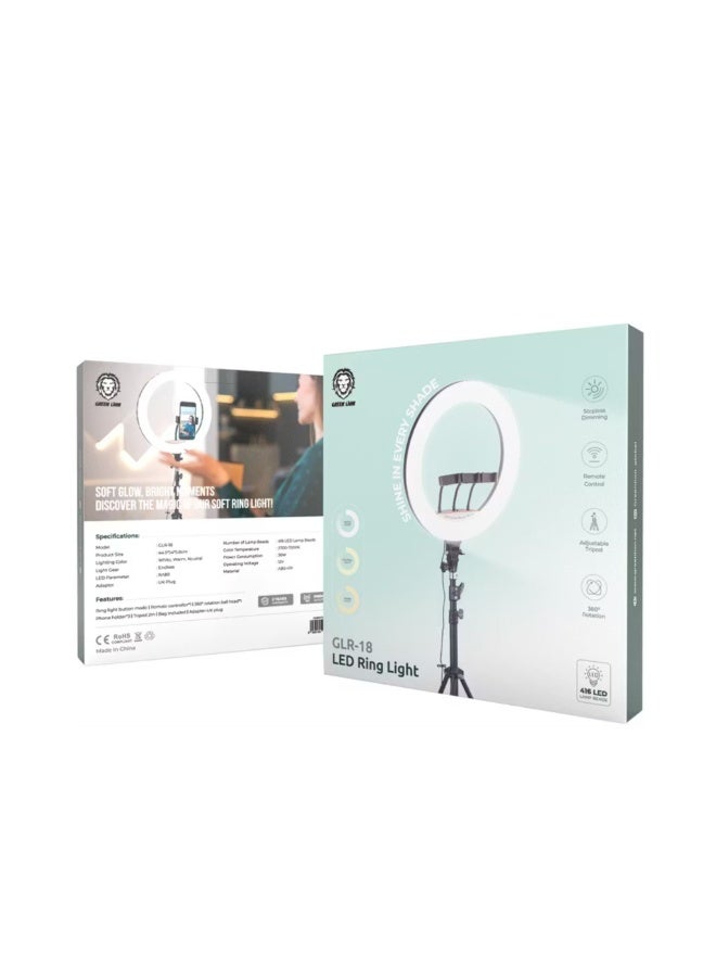 جرين ليون حلقة إضاءة LED GLR-18 مزودة بـ 416 حبة مصباح LED، استهلاك طاقة 36 وات، أبيض، أضواء دافئة ومحايدة، حامل ثلاثي قابل للتعديل، دوران 360 درجة، جهاز تحكم عن بعد - أسود - Image 2