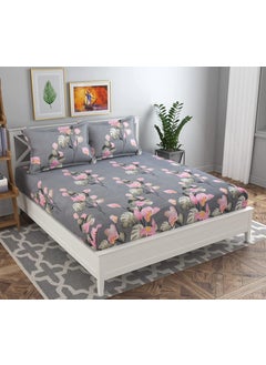 Helvetica helvetica Supersoft 144tc Polycotton Elastic Fitted bedsheet Queen Size 90x100 inches for Double Bed with 2 Pillow Covers Grey Flower  - Image 1