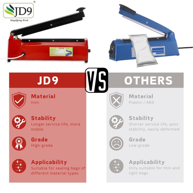 JD9 آلة ختم حرارية ثقيلة الوزن JD9 12 بوصة معدنية مميزة لختم أكياس البلاستيك باللون الأحمر - Image 5
