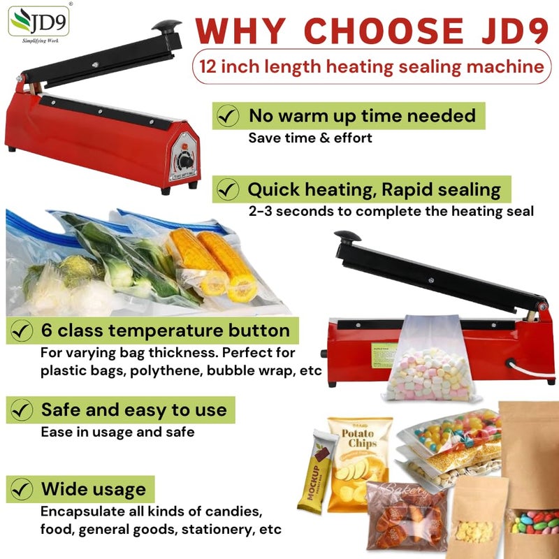 JD9 آلة ختم حرارية ثقيلة الوزن JD9 12 بوصة معدنية مميزة لختم أكياس البلاستيك باللون الأحمر - Image 2