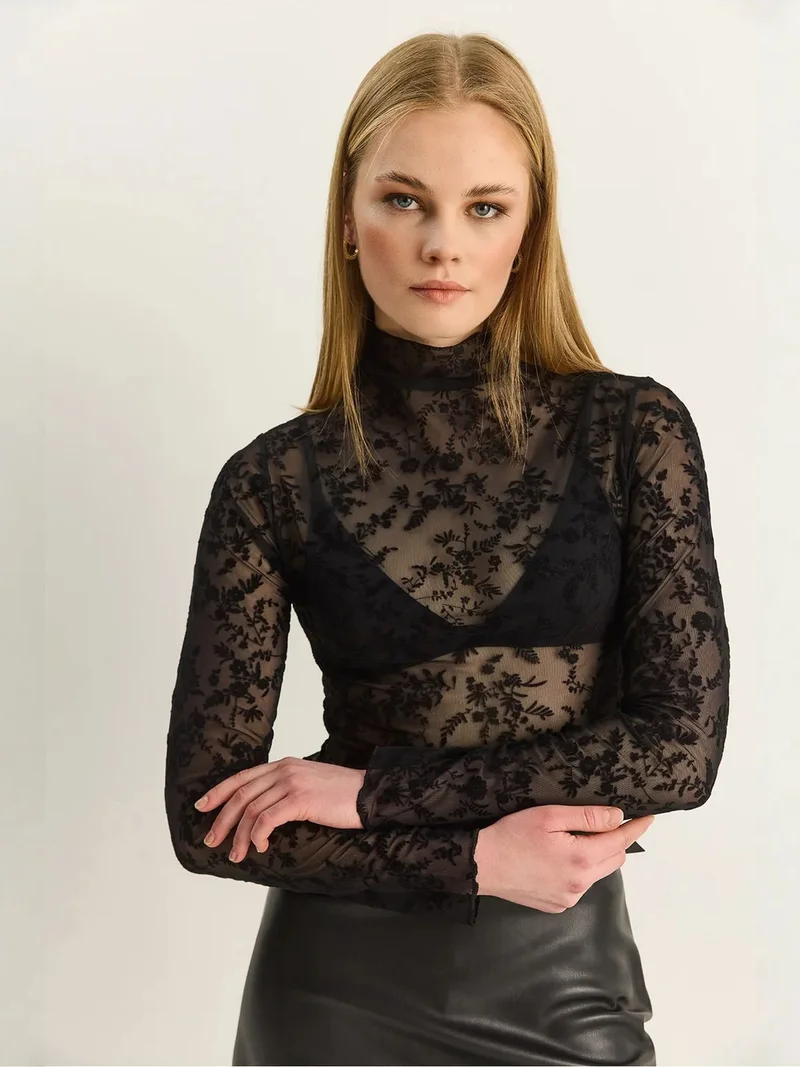 Bianco Lucci Black LUCCI Floral Slim Fit Half Turtleneck Blouse for Women | Best Price UAE