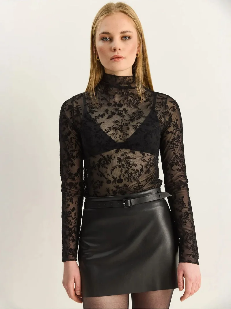 Bianco Lucci Black LUCCI Floral Slim Fit Half Turtleneck Blouse for Women | Best Price UAE