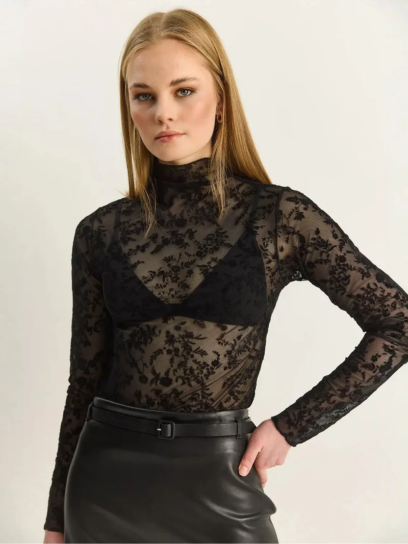 Bianco Lucci Black LUCCI Floral Slim Fit Half Turtleneck Blouse for Women | Best Price UAE