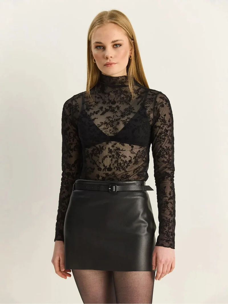 Bianco Lucci Black LUCCI Floral Slim Fit Half Turtleneck Blouse for Women | Best Price UAE