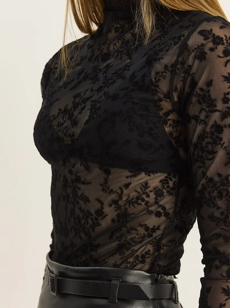 Bianco Lucci Black LUCCI Floral Slim Fit Half Turtleneck Blouse for Women | Best Price UAE
