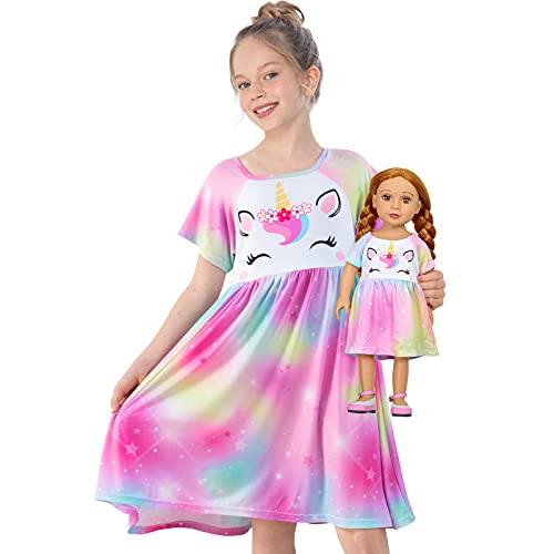 Play Tailor Doll and Girl Matching Nightgown Unicorn Outfit Pajamas Night Dress for Girls and 18" Dolls Clothes (Doll Not Included), 8-9 Years, Colorful Purple - Image 1