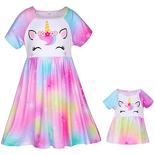 Play Tailor Doll and Girl Matching Nightgown Unicorn Outfit Pajamas Night Dress for Girls and 18" Dolls Clothes (Doll Not Included), 8-9 Years, Colorful Purple - Image 2