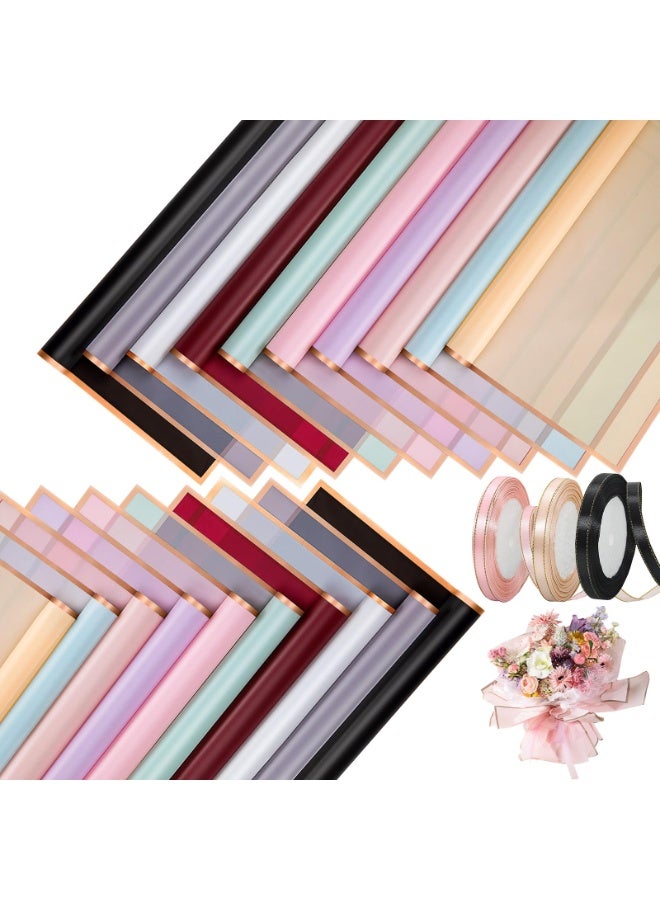 100 ورقة ورقة تغليف الزهور باقة الزهور ذات اللون النقي باقة تغليف الورق باقة بائع الزهور المضادة للماء مع 3 شرائط للباقات باقة التعبئة والتغليف الحرفية DIY ، 22.8x22.8 بوصة (10 ألوان) - Image 1
