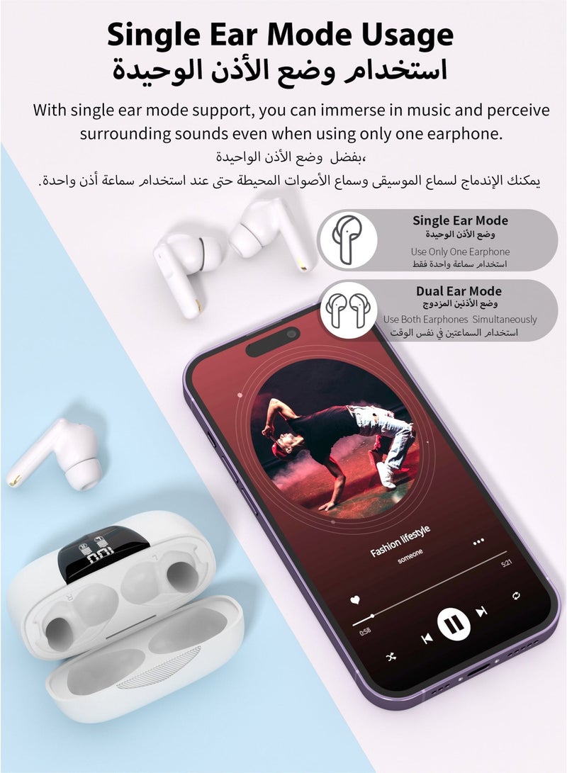 وابيك سماعات أذن كورية RS1 داخل الأذن بالكامل، لاسلكية حقيقية، خفيفة جدًا بوزن 3.9 جرام، بمحركات ديناميكية 13 ملم، مزودة بـ4 ميكروفونات لمكالمات واضحة بتقنية الذكاء الاصطناعي، عزل ضوضاء ENC، تشغيل لمدة 48 ساعة، شاشة عرض للطاقة LED، صوت عميق، مقاومة للماء بمعيار IPX6، باللون الأبيض. - Image 4