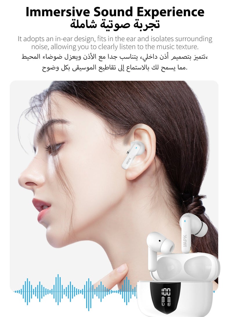 وابيك سماعات أذن كورية RS1 داخل الأذن بالكامل، لاسلكية حقيقية، خفيفة جدًا بوزن 3.9 جرام، بمحركات ديناميكية 13 ملم، مزودة بـ4 ميكروفونات لمكالمات واضحة بتقنية الذكاء الاصطناعي، عزل ضوضاء ENC، تشغيل لمدة 48 ساعة، شاشة عرض للطاقة LED، صوت عميق، مقاومة للماء بمعيار IPX6، باللون الأبيض. - Image 2