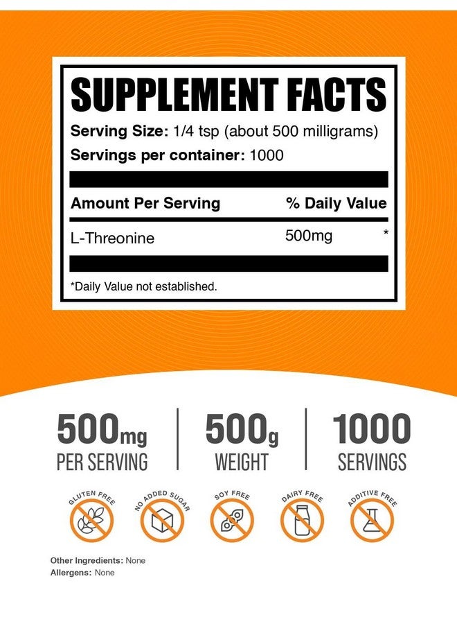 BulkSupplements.com L-Threonine Powder -Threonine Supplement, Amino Acid Supplement - Essential Amino Acid, Gluten Free, 500mg per Serving, 500g (1.1 lbs) (Pack of 1) - Image 2