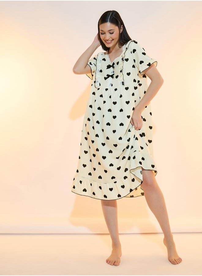 Styli Bow Front Heart Print Ruffle Hem Nightdress  - Image 1
