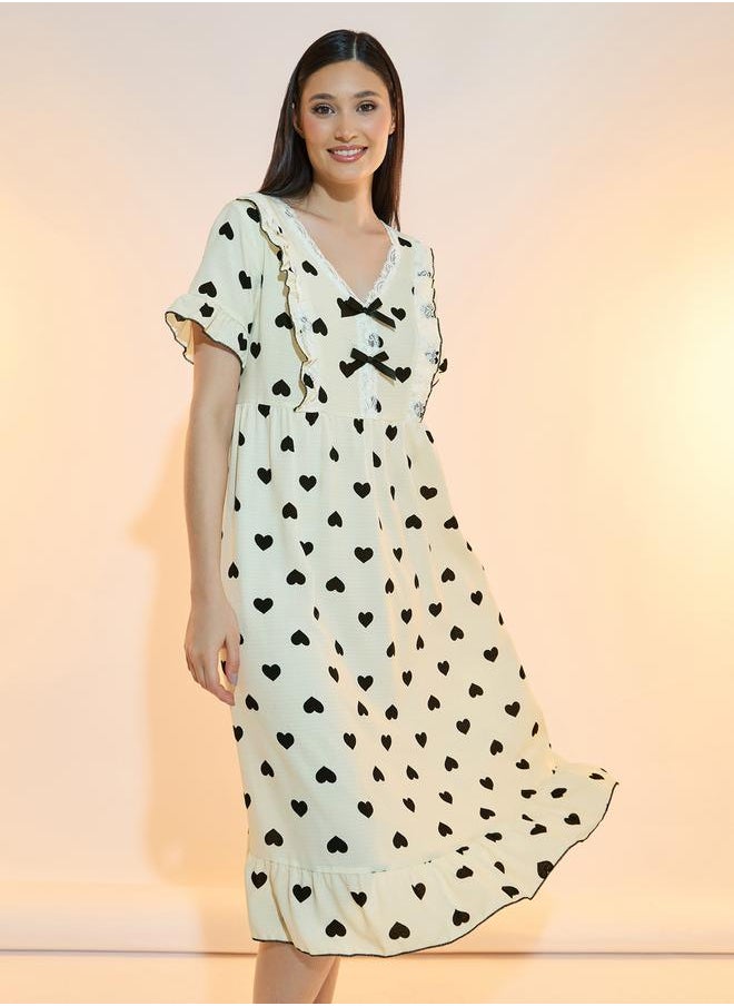 Styli Bow Front Heart Print Ruffle Hem Nightdress  - Image 2
