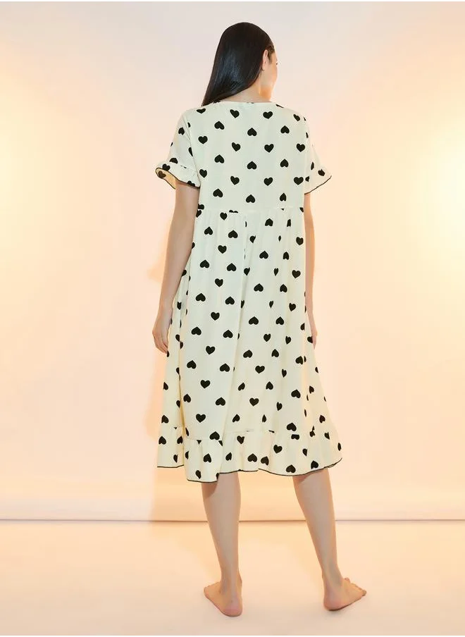 ستايلي Bow Front Heart Print Ruffle Hem Nightdress