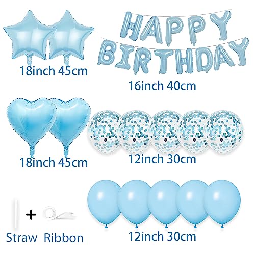 WEIKA 27 Pcs Light Blue Birthday Decorations 3D Letters Light Blue Happy Birthday Balloon Banner Pentagram Heart Foil Balloons Confetti Balloons Kit For Boys Girls Birthday Party Supplies - Image 5