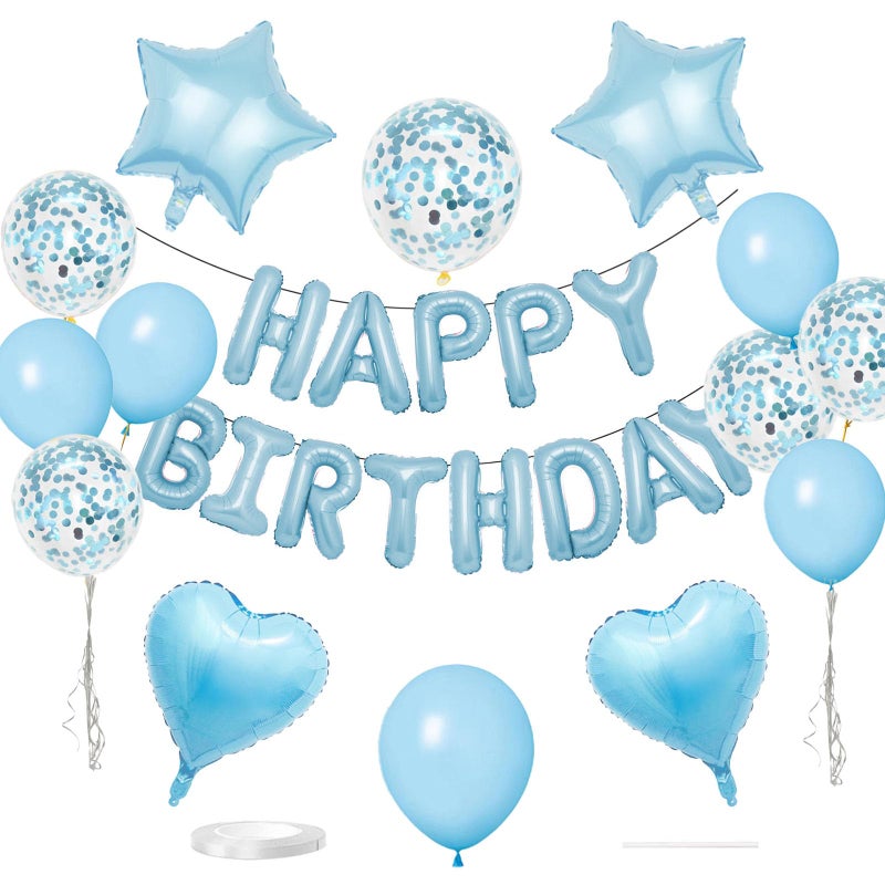 WEIKA 27 Pcs Light Blue Birthday Decorations 3D Letters Light Blue Happy Birthday Balloon Banner Pentagram Heart Foil Balloons Confetti Balloons Kit For Boys Girls Birthday Party Supplies - Image 3