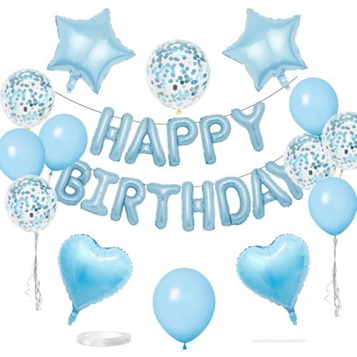 WEIKA 27 Pcs Light Blue Birthday Decorations 3D Letters Light Blue Happy Birthday Balloon Banner Pentagram Heart Foil Balloons Confetti Balloons Kit For Boys Girls Birthday Party Supplies - Image 1