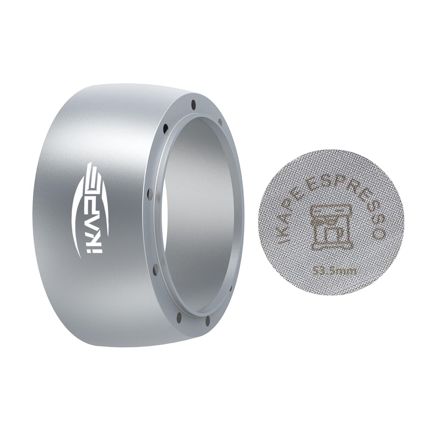 IKAPE Magnetic Dosing Funnel Set 53MM Espresso Dosing Ring  Puck Screen Kit Compatible with Delonghi 54MM Bottomless Portafilter  with 8 Small Magnet Silver