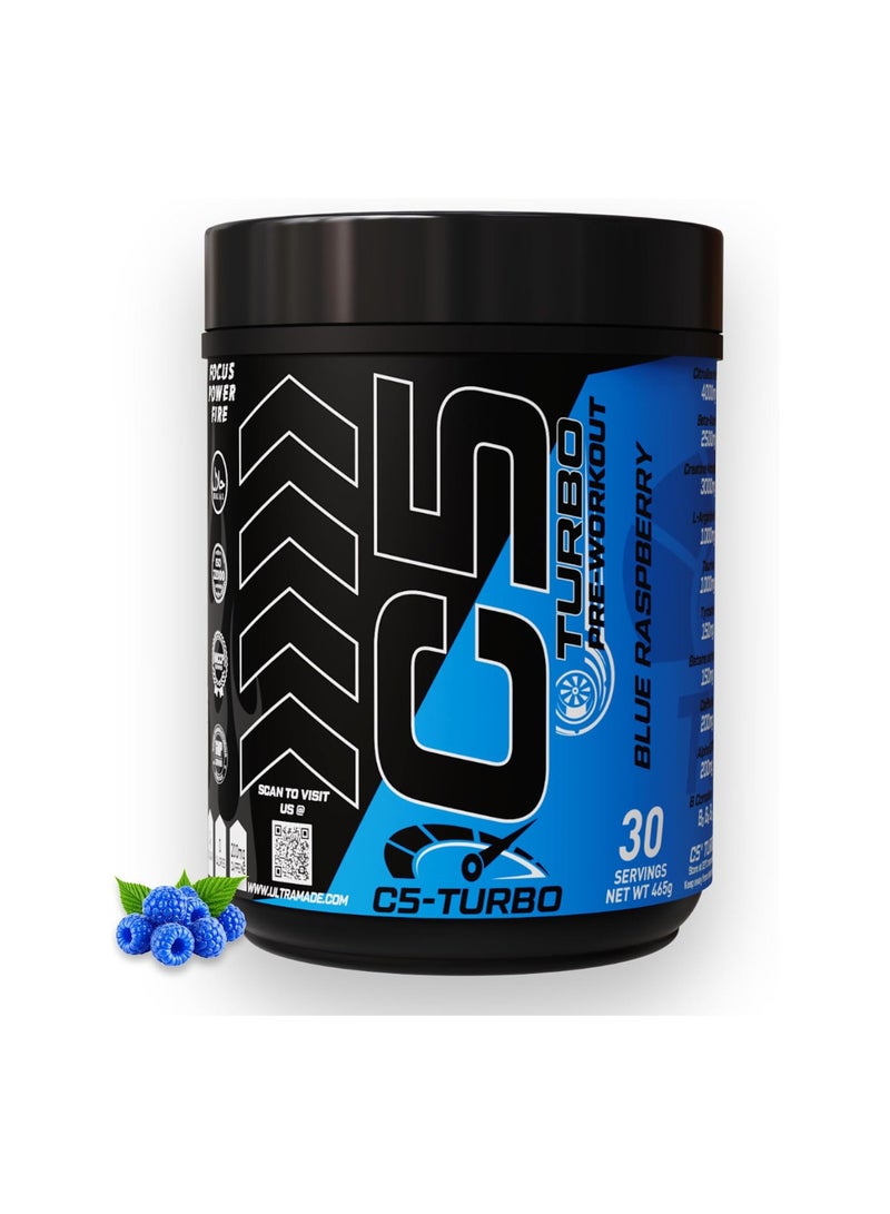 C5 TURBO Pre-Workout Powder – High-Performance Pump & Focus Formula with Citrulline Malate, Beta Alanine, L-Arginine AKG, Taurine & B-Vitamins – 30 Servings - 360g, (Blue Raspberry falvour) - Image 1