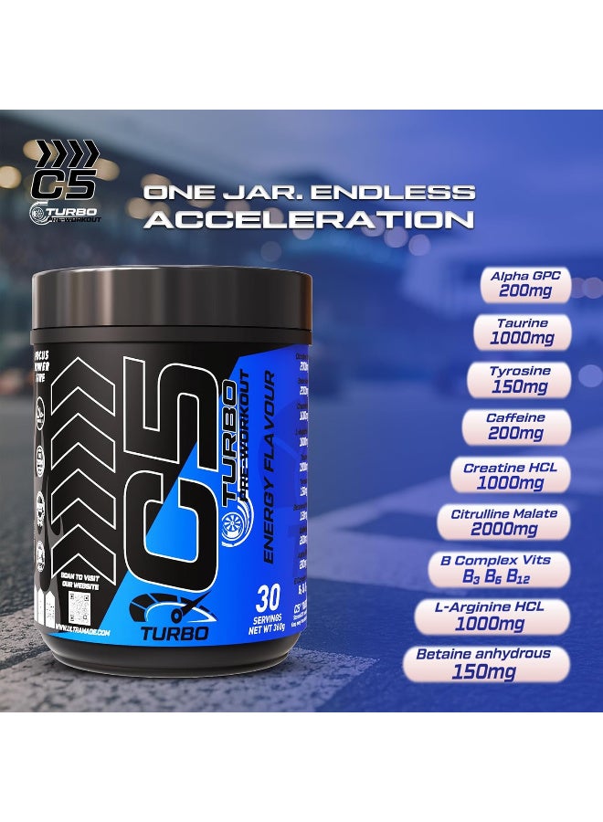C5 TURBO Pre-Workout Powder – High-Performance Pump & Focus Formula with Citrulline Malate, Beta Alanine, L-Arginine AKG, Taurine & B-Vitamins – 30 Servings - 360g, (Blue Raspberry falvour) - Image 3