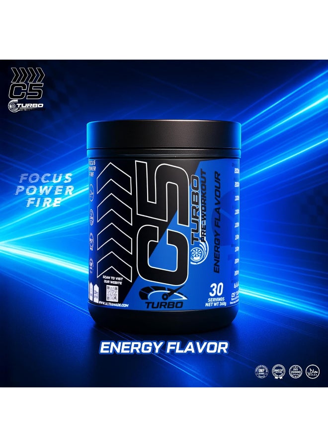 C5 TURBO Pre-Workout Powder – High-Performance Pump & Focus Formula with Citrulline Malate, Beta Alanine, L-Arginine AKG, Taurine & B-Vitamins – 30 Servings - 360g, (Blue Raspberry falvour) - Image 2