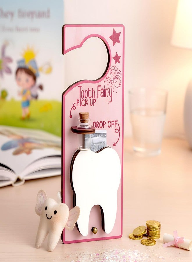 DoubleFill حقيبة حاملة لدمية جنية الأسنان، تُعلق على الباب مع فتحة للنقود، زجاجة تذكارية، حقيبة مخملية، صندوق جنية الأسنان، هدية تشجيعية للأسنان المفقودة، حليب للأولاد والبنات (طازج، وردي). - Image 1
