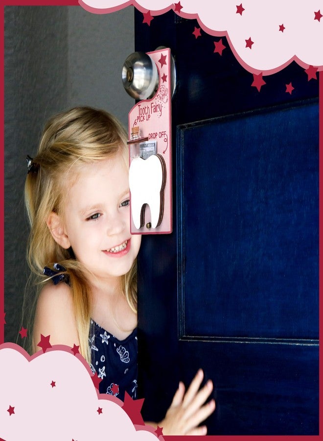 DoubleFill حقيبة حاملة لدمية جنية الأسنان، تُعلق على الباب مع فتحة للنقود، زجاجة تذكارية، حقيبة مخملية، صندوق جنية الأسنان، هدية تشجيعية للأسنان المفقودة، حليب للأولاد والبنات (طازج، وردي). - Image 5