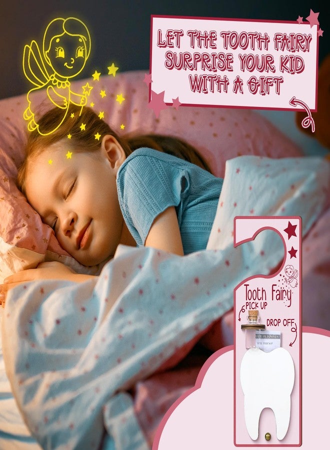 DoubleFill حقيبة حاملة لدمية جنية الأسنان، تُعلق على الباب مع فتحة للنقود، زجاجة تذكارية، حقيبة مخملية، صندوق جنية الأسنان، هدية تشجيعية للأسنان المفقودة، حليب للأولاد والبنات (طازج، وردي). - Image 3