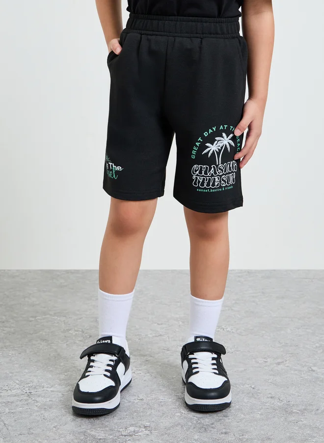 Styli Boys Black Terry Shorts With Beach Print