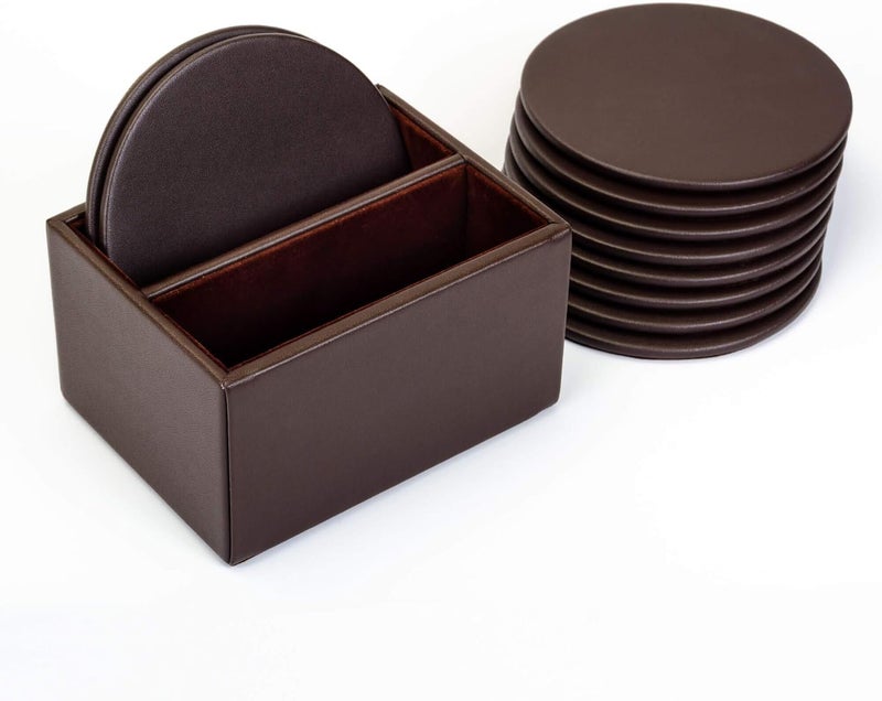 Dacasso Chocolate Holder Brown Leather 10 Round Coaster Set - Image 3