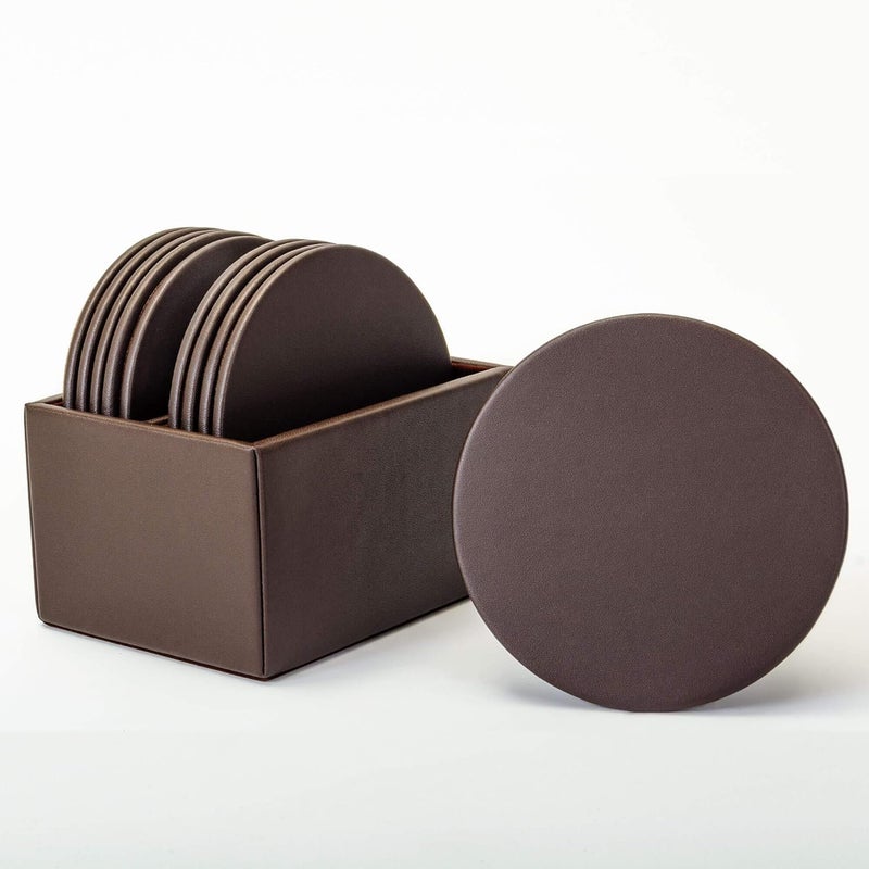 Dacasso Chocolate Holder Brown Leather 10 Round Coaster Set - Image 2
