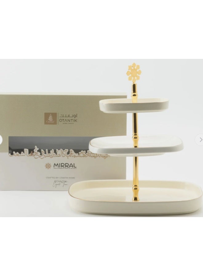 Otantik Mirral Luxury 3-Tier Porcelain Dessert & Cake Stand – White with Gold Finish (30*32 cm) - Image 3