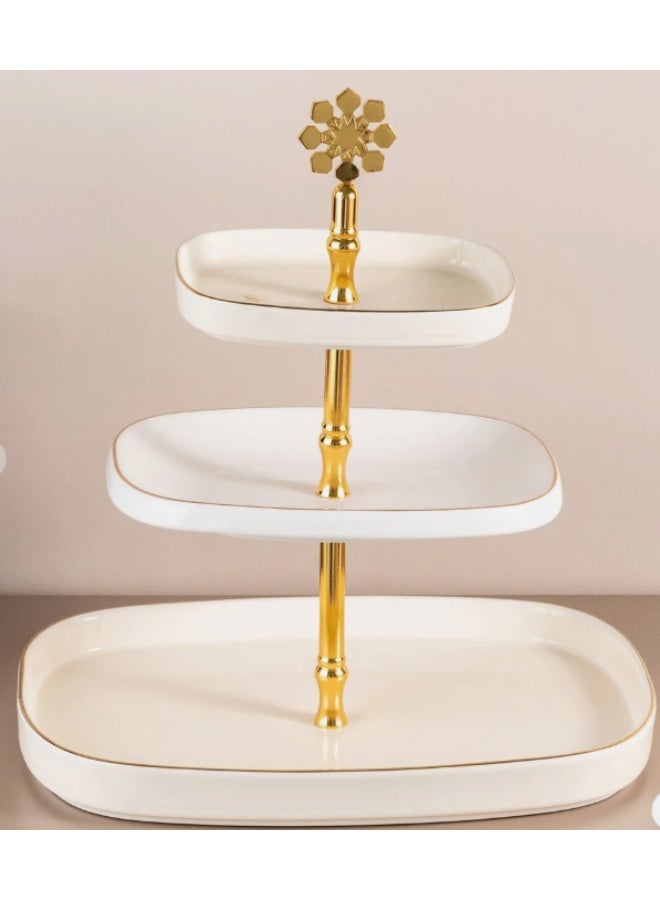 Otantik Mirral Luxury 3-Tier Porcelain Dessert & Cake Stand – White with Gold Finish (30*32 cm) - Image 1