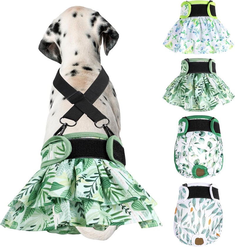 Langsprit Washable Female Dog Diapers (4 Pack+1 Suspenders), Reusable Female Girl Doggy Doggie Puppy Wraps Panties Belly Band for Pet Heat Period Pooping Peeing Potty Training Incontinence Marking Leaf Small - Image 1