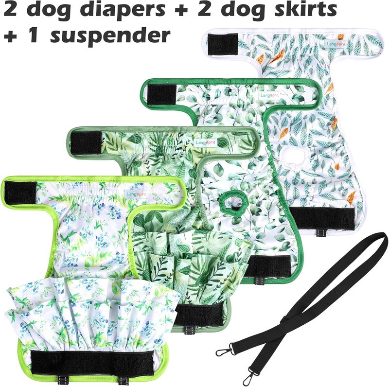 Langsprit Washable Female Dog Diapers (4 Pack+1 Suspenders), Reusable Female Girl Doggy Doggie Puppy Wraps Panties Belly Band for Pet Heat Period Pooping Peeing Potty Training Incontinence Marking Leaf Small - Image 2