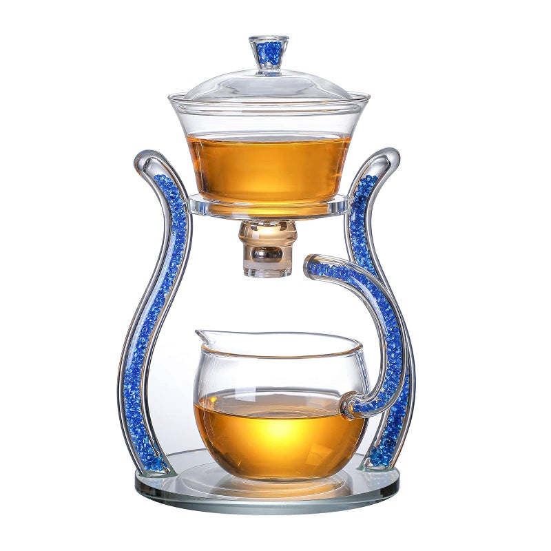 RORA Glass Teapot Set Semi Automatic Drip Rotating with Infuser Lazy Kungfu Tea pot Set Blue