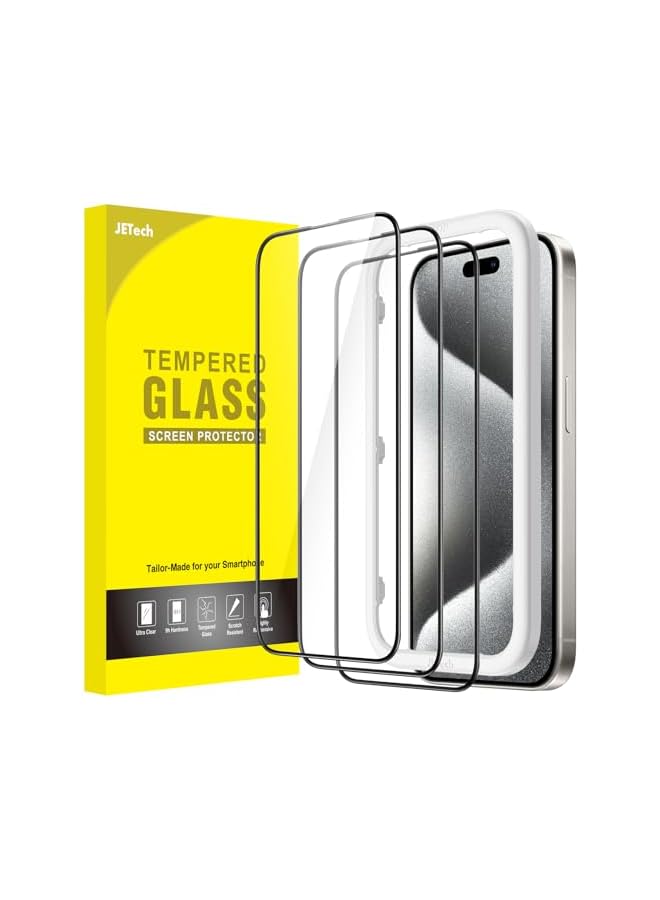 JETech Full Coverage Screen Protector for iPhone 15 Pro 6.1-Inch, Black Edge Tempered Glass Film with Easy Installation Tool, Case-Friendly, HD Clear, 3-Pack - Image 1