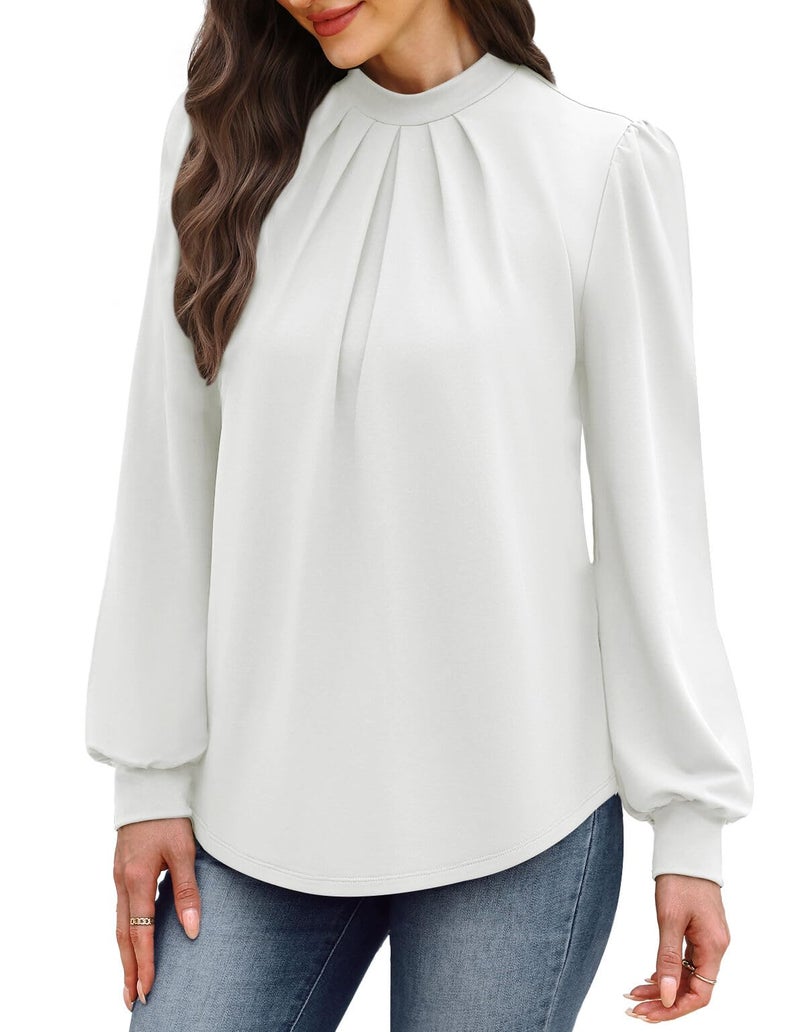 WIHOLL White Long Sleeve Shirts for Women Business Casual Outfits Blouses for Women Dressy Casual Fall Clothes 2026 Fashion Clothing Mock Neck Cute Womens Tunic Tops White M - Image 4